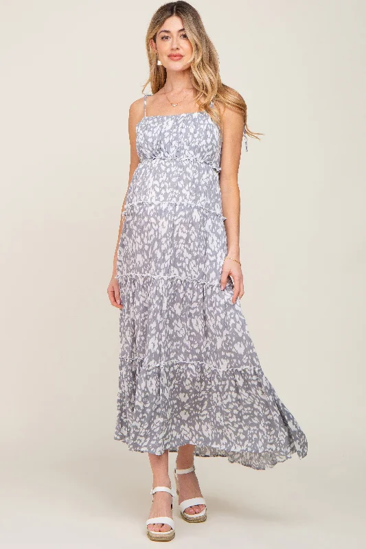 Grey Animal Print Tiered Maternity Maxi Dress Stylish Pleated A-Line Maxi Dress