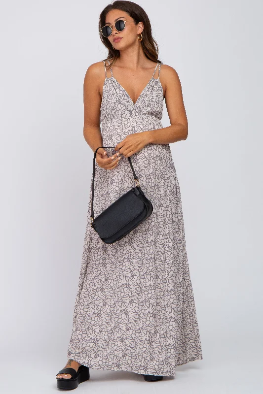 Grey Printed Sleeveless Maternity Maxi Dress Fashionable Off-Shoulder Maxi Dress