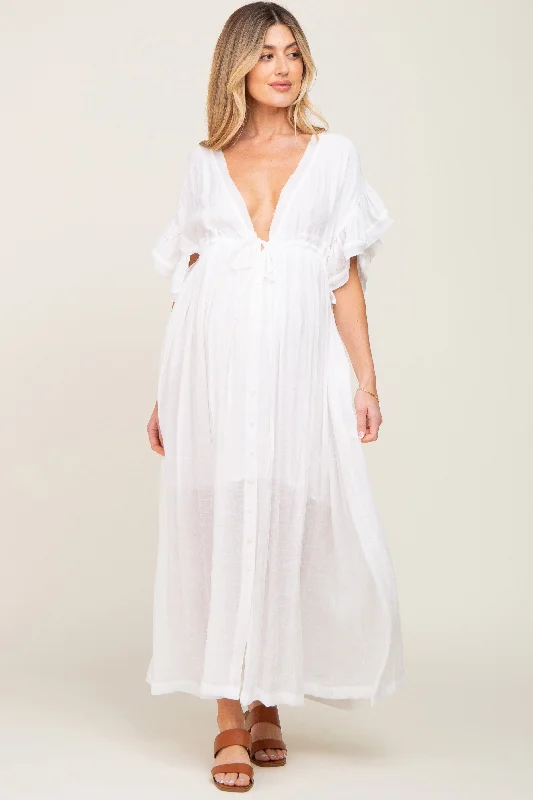 Ivory Deep V-Neck Button Down Maternity Maxi Dress Elegant Wraparound Maxi Dress