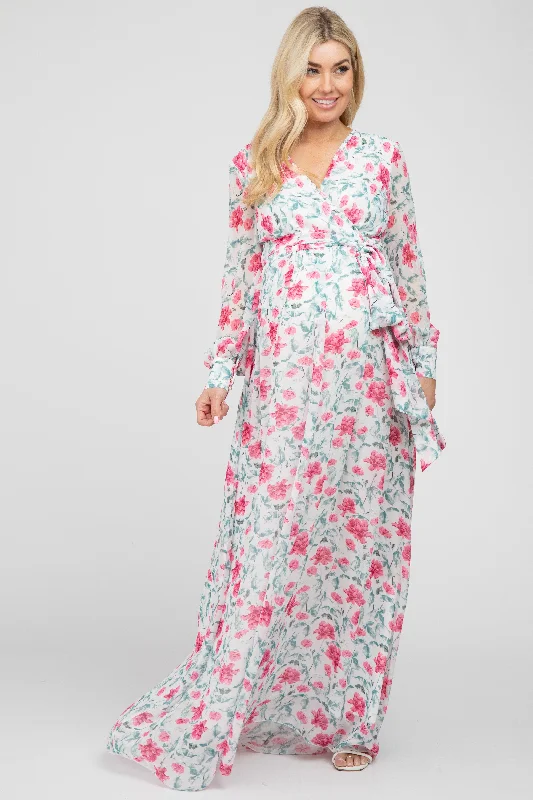 Ivory Floral Chiffon Long Sleeve Pleated Maternity Maxi Dress Trendy Maxi Dress with Belt