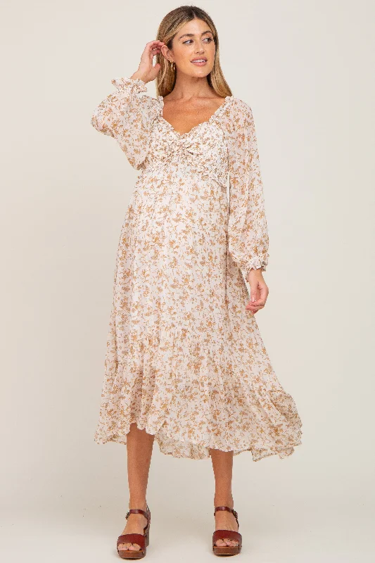 Ivory Floral Chiffon Ruffle Maternity Maxi Dress Fashionable Chiffon Tiered Maxi Dress