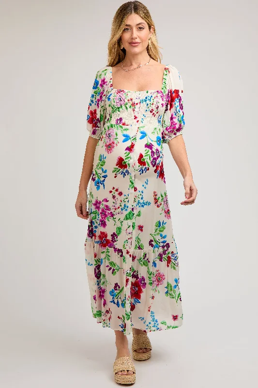 Ivory Floral Front Button Accent Maternity Maxi Dress Elegant Maxi Dress with Drapes