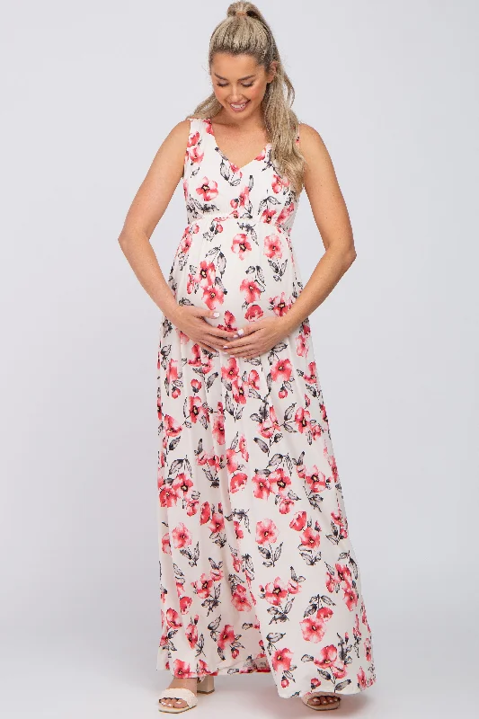 Ivory Floral Waist Tie Maternity Maxi Dress Elegant Maxi Dress with Drapes