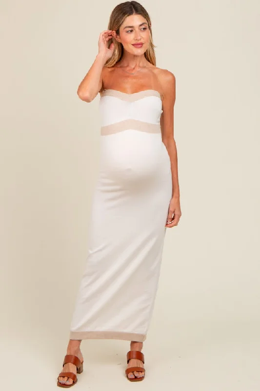 Ivory Strapless Contrast Trim Maternity Maxi Dress Stylish Boho Chic Maxi Dress