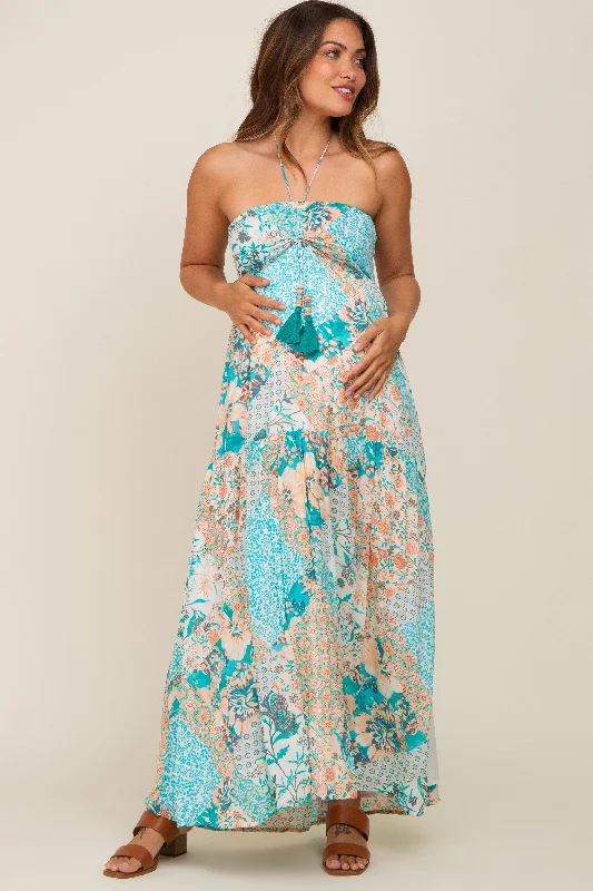 Jade Floral Halter Front Tie Maternity Maxi Dress Fashionable Off-Shoulder Maxi Dress