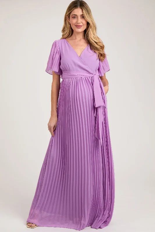 Lavender Chiffon Wrap Front V-Neck Short Sleeve Pleated Maternity Maxi Dress Cozy Ribbed Maxi Dress