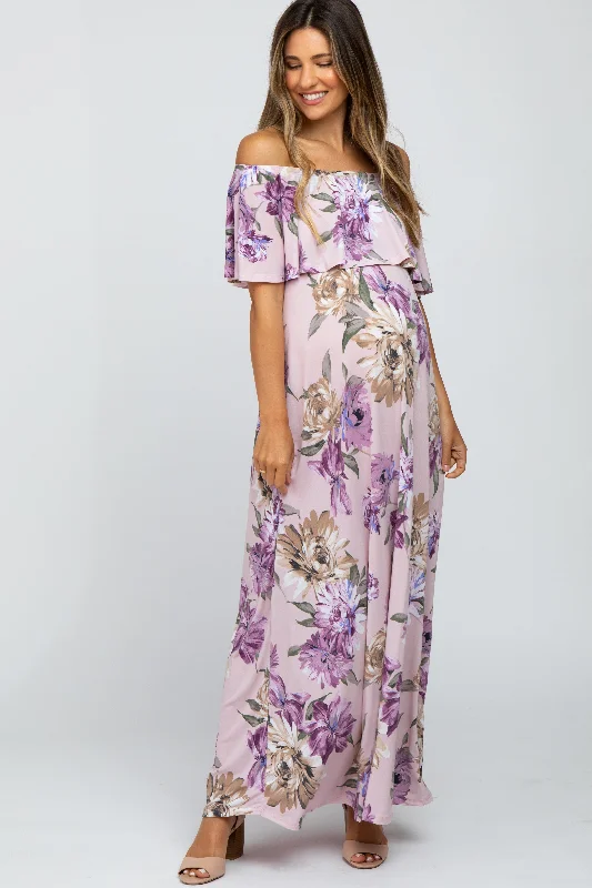 Lavender Floral Flounce Off Shoulder Maternity Maxi Dress Comfortable Fit-and-Flare Maxi Dress