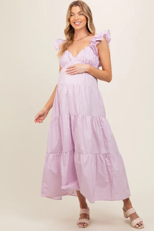 Lavender Flutter Sleeve Tiered Maternity Maxi Dress Fashionable Button-Down Maxi Dress