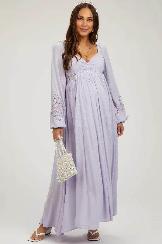 Lavender Lace Accent Long Sleeve Maternity Maxi Dress Stylish Off-Shoulder Maxi Dress