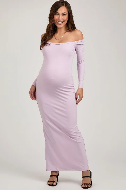 Lavender Off Shoulder Long Sleeve Maternity Maxi Dress Trendy Floral Print Maxi Dress