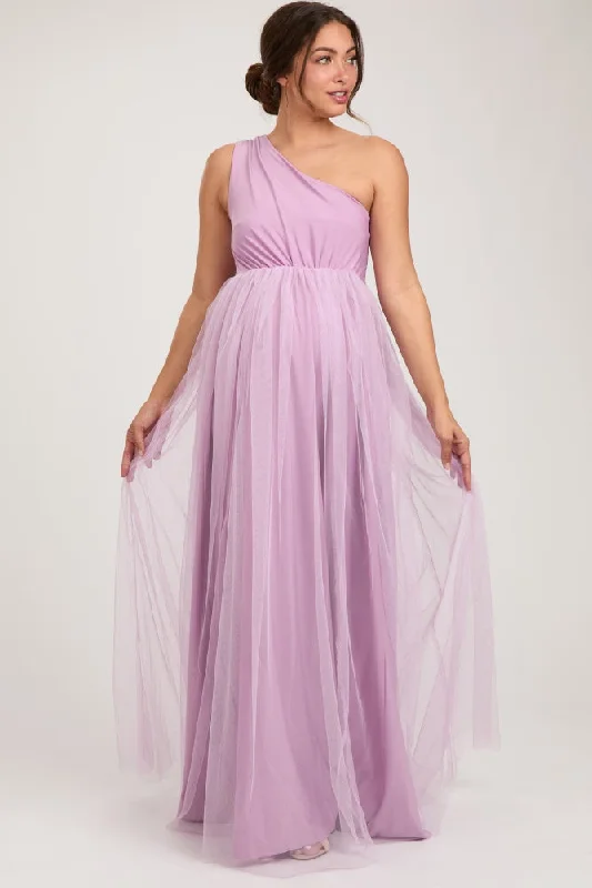 Lavender One Shoulder Tulle Maternity Maxi Dress Chic Button-Up Maxi Dress