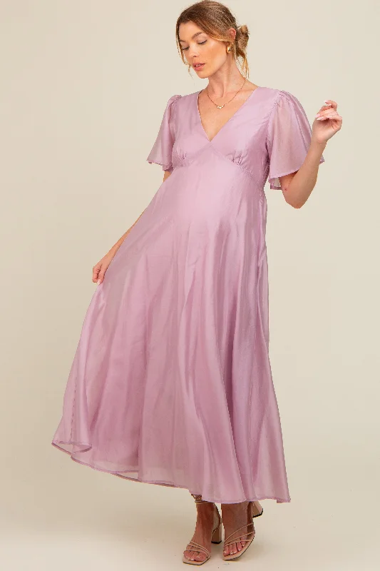 Lavender V-Neck Flutter Sleeve Maternity Maxi Dress Trendy Maxi Dress with Lace