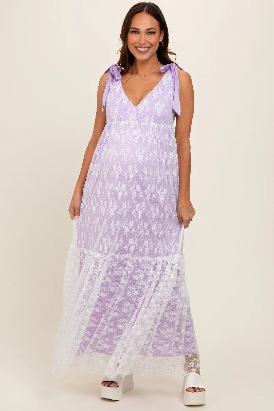 Lavender V-Neck Satin Tie Lace Overlay Maternity Maxi Dress Chic Summer Floral Maxi Dress