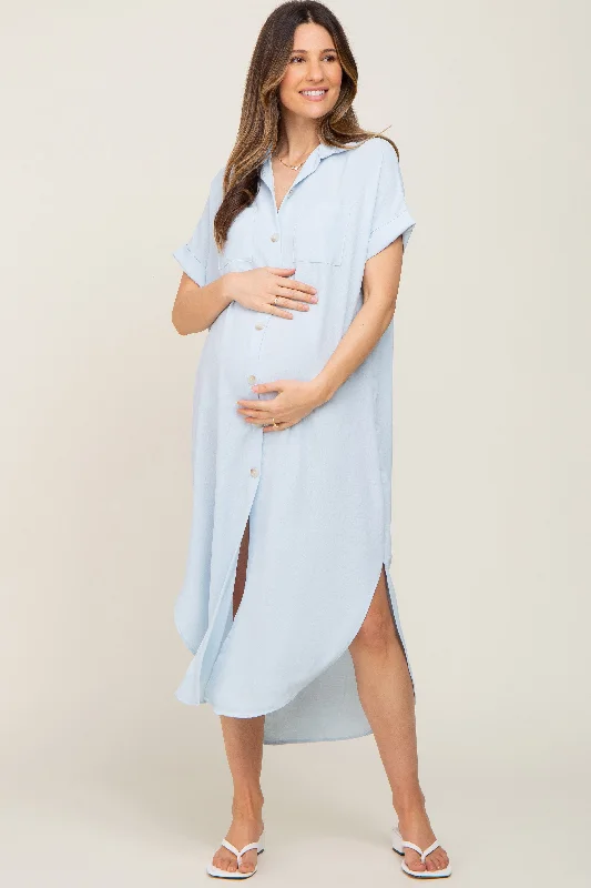 Light Blue Button Down Hi Low Maternity Maxi Dress Stylish Off-Shoulder Maxi Dress