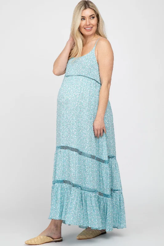 Light Blue Ditsy Floral Crochet Accent Maternity Maxi Dress Fashionable Button-Down Maxi Dress