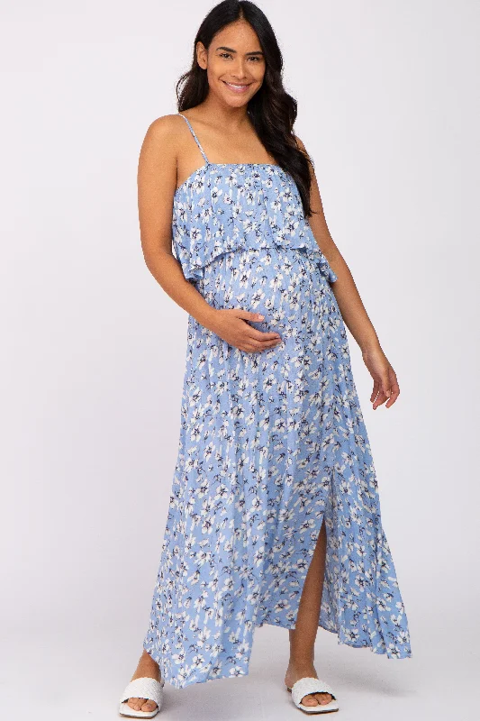 Light Blue Floral Flounce Maternity Maxi Dress Comfortable Fit-and-Flare Maxi Dress