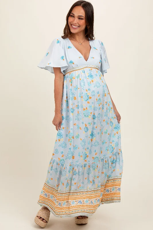 Light Blue Floral Flounce Sleeve Maternity Maxi Dress Stylish Maxi Dress with Pleats