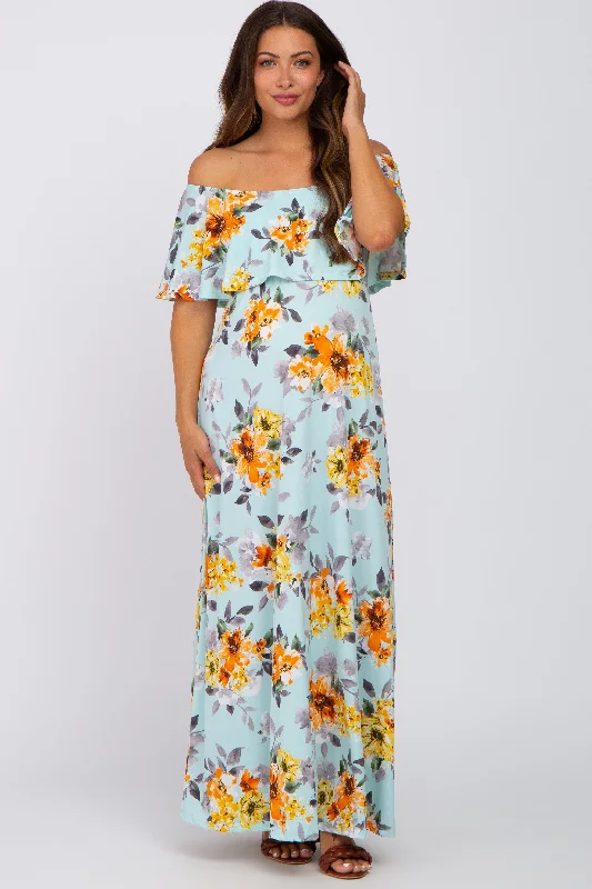 Light Blue Floral Off Shoulder Maternity Maxi Dress Comfortable Plunging Neckline Maxi Dress