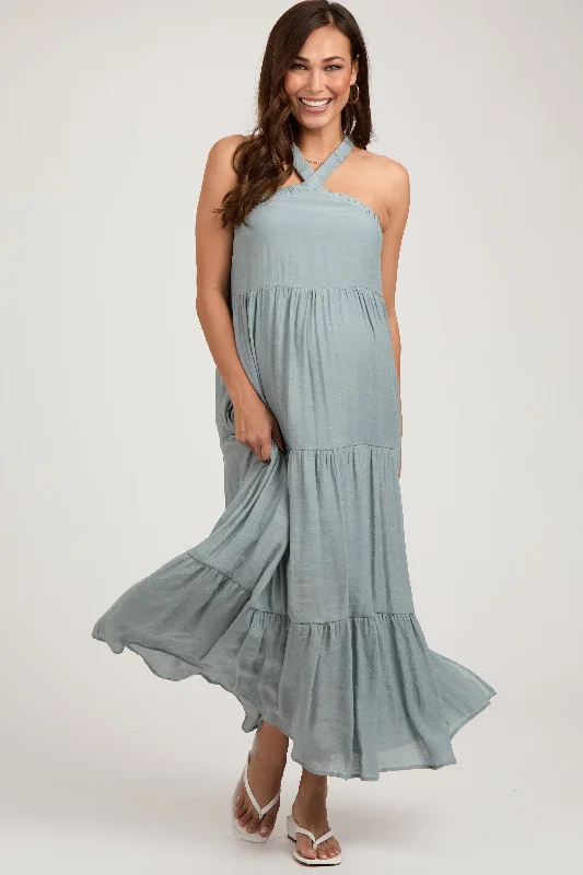 Light Blue Halter Tiered Maternity Maxi Dress Fashionable Chiffon Tiered Maxi Dress