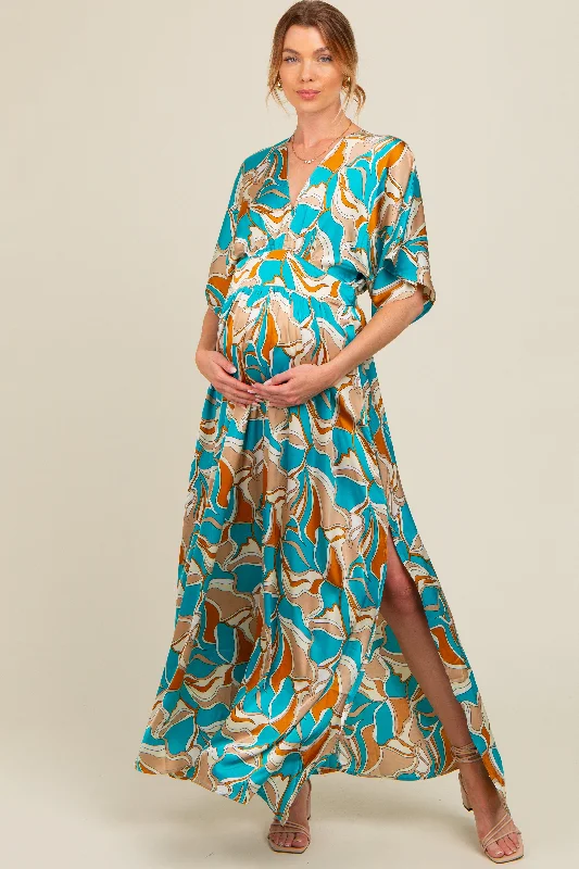 Light Blue Printed Deep V-Neck Maternity Maxi Dress Stylish Long Sleeve Maxi Dress