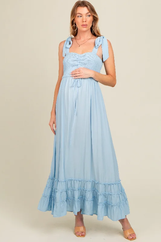 Light Blue Sweetheart Neck Smocked Shoulder Tie Maternity Maxi Dress Elegant Maxi Dress with Pockets