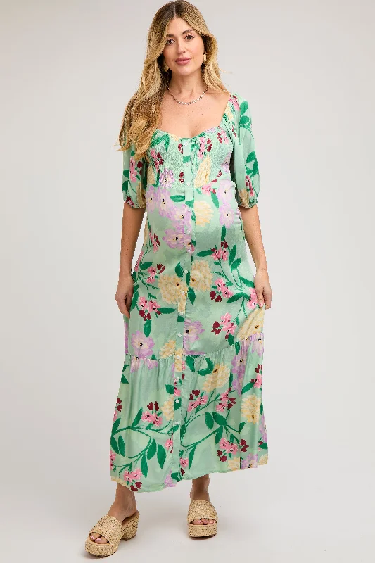 Light Green Floral Front Button Maternity Maxi Dress Classic Strapless Maxi Dress