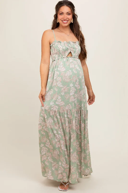 Light Olive Floral Sweetheart Smocked Front Cutout Maternity Maxi Dress Cozy Ribbed Maxi Dress