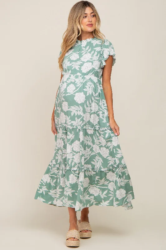 Light Olive Floral Tiered Ruffle Accent Maternity Maxi Dress Comfortable Bohemian Maxi Dress