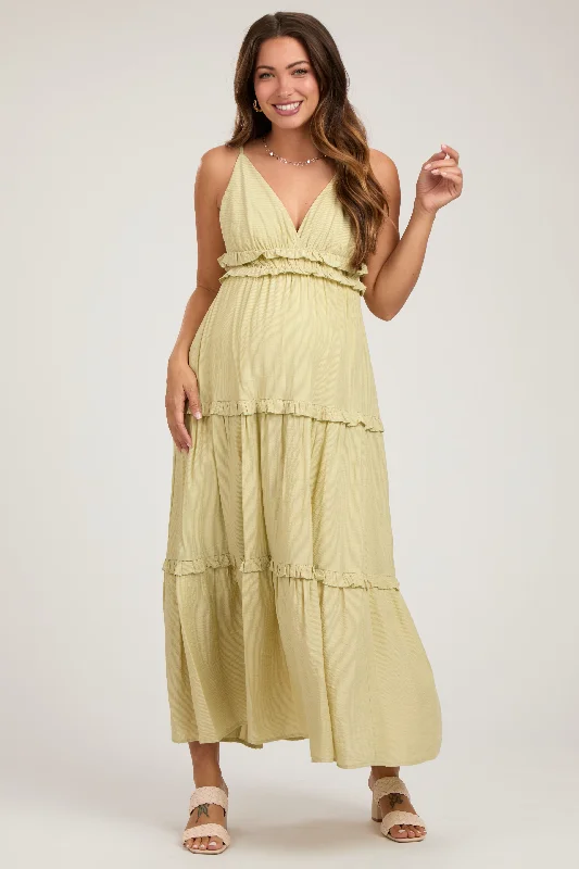 Light Olive Striped Ruffle Tiered Maternity Maxi Dress Comfortable Fitted Maxi Dress