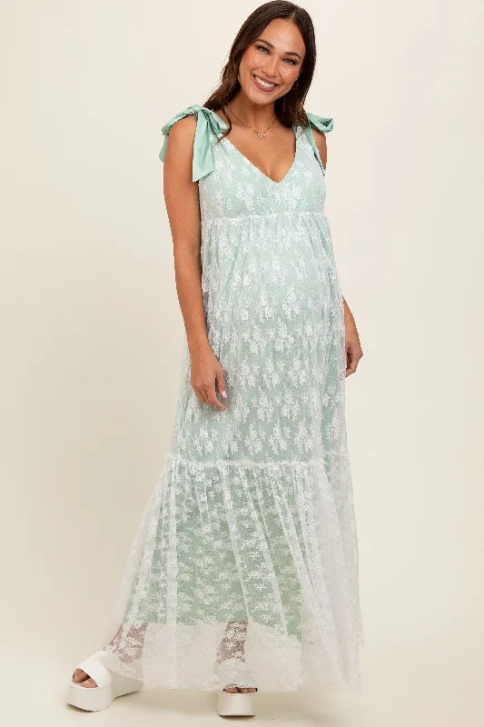 Light Olive V-Neck Satin Tie Lace Overlay Maternity Maxi Dress Comfortable Bohemian Maxi Dress