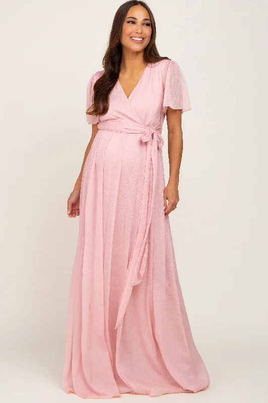 Light Pink Metallic Shimmer Chiffon Maternity Maxi Dress Comfortable Ruffle Maxi Dress