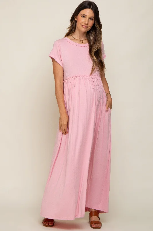 Light Pink Short Sleeve Pocketed Maternity Maxi Dress Chic Button-Up Maxi Dress