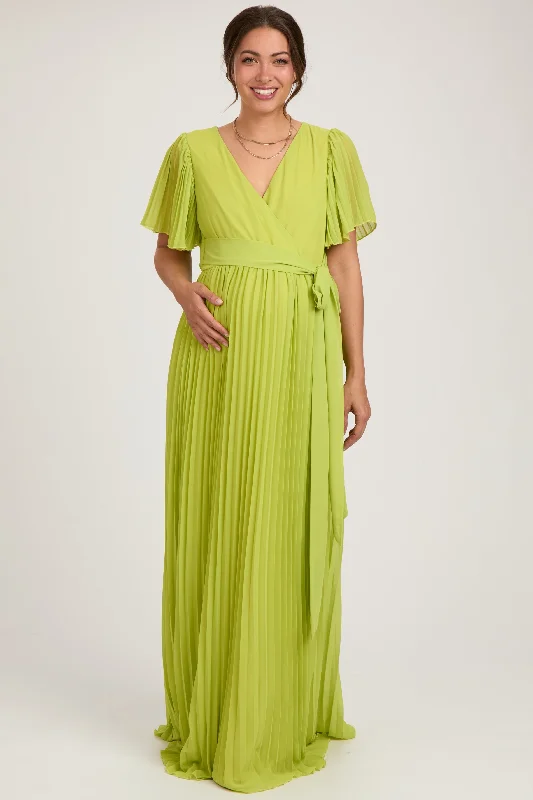 Lime Chiffon Wrap Front V-Neck Short Sleeve Pleated Maternity Maxi Dress Comfortable Flowy Maxi Dress