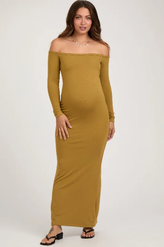 Lime Off Shoulder Long Sleeve Maternity Maxi Dress Stylish Off-Shoulder Maxi Dress