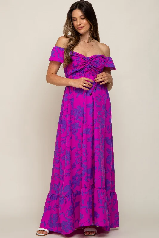 Magenta Floral Smocked Cinched Top Maternity Maxi Dress Classic Strapless Maxi Dress