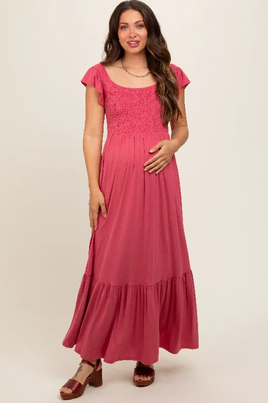 Magenta Smocked Ruffle Hem Maternity Maxi Dress Elegant Maxi Dress with Lace