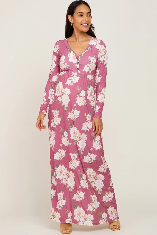 Mauve Floral Button Front Maternity Maxi Dress Chic Off-Shoulder Maxi Dress