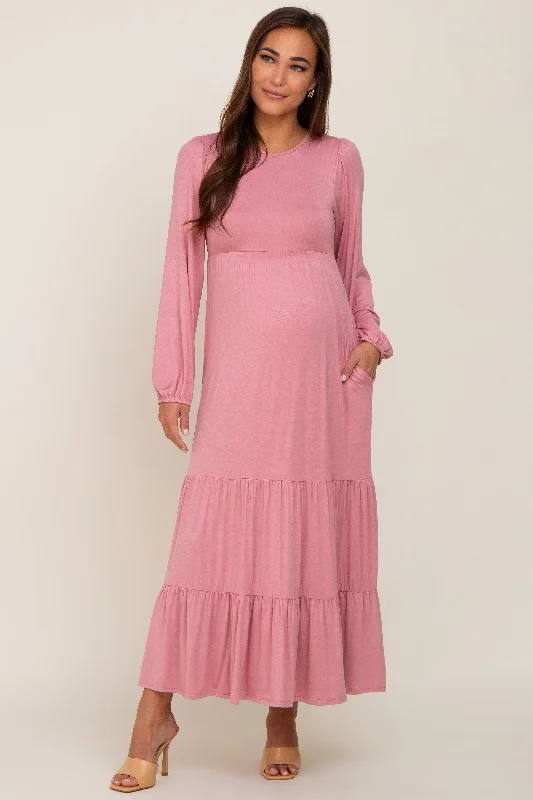 Mauve Long Sleeve Tiered Maternity Maxi Dress Elegant Pleated Maxi Dress