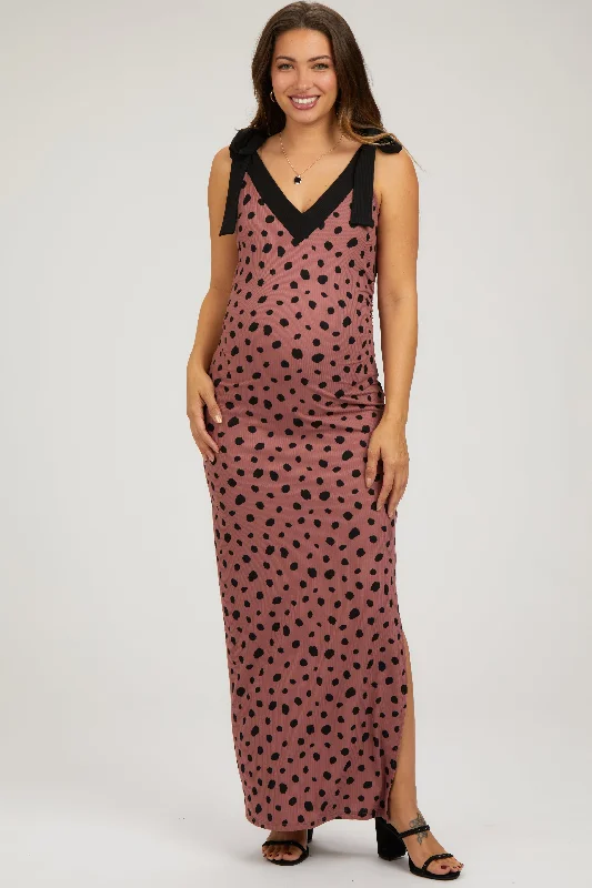 Mauve Ribbed Polka Dot Shoulder Tie Maternity Maxi Dress Trendy Satin Maxi Dress