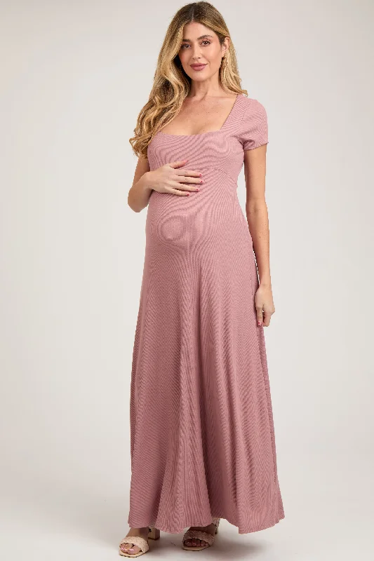 Mauve Ribbed Square Neck Short Sleeve Maternity Maxi Dress Elegant Sleeveless Maxi Dress