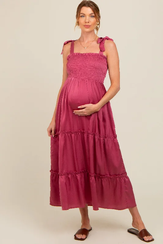 Mauve Satin Smocked Maternity Maxi Dress Cozy Knit Maxi Dress