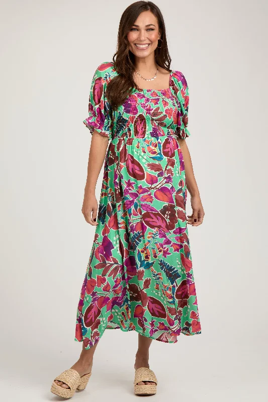 Mint Green Floral Puff Sleeve Maternity Maxi Dress Comfortable Bohemian Maxi Dress