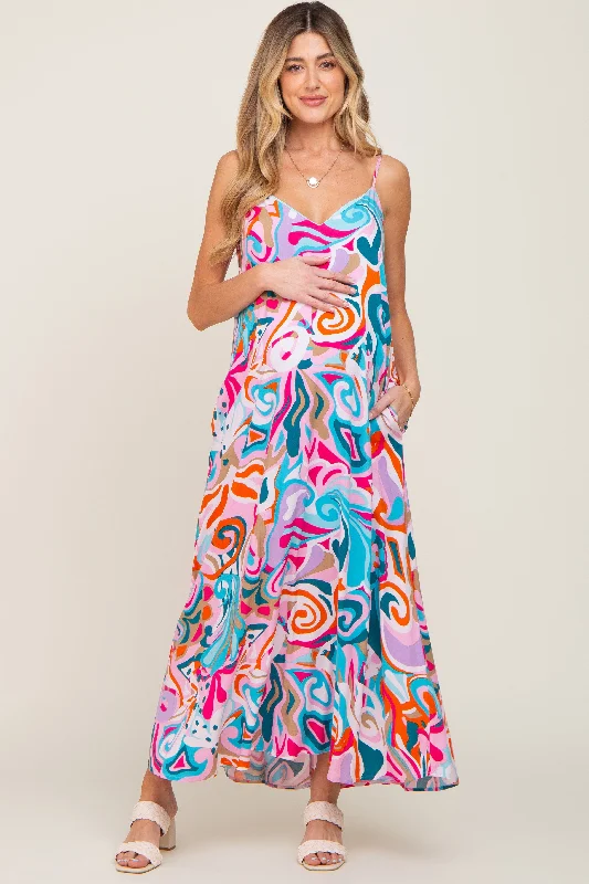 Multi-Color Sleeveless V-Neck Maternity Maxi Dress Elegant Lace-Up Maxi Dress