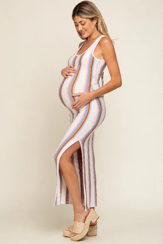 Multi Color Striped Open Back Maternity Maxi Dress Cozy Ribbed Maxi Dress