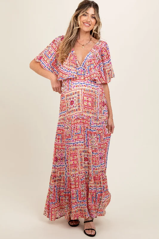 Multicolor Floral Deep V-Neck Tiered Maternity Maxi Dress Fashionable Off-Shoulder Maxi Dress