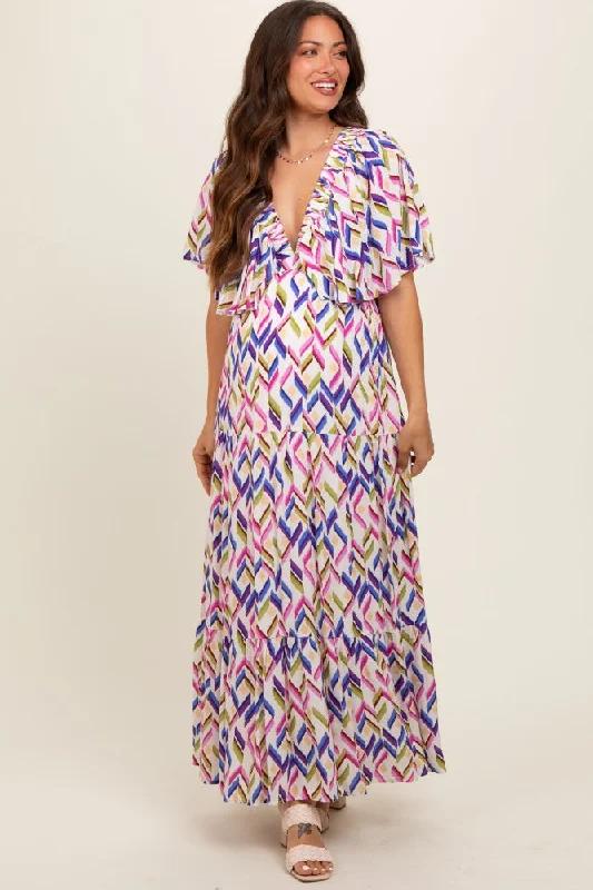 Multicolor Printed Deep V-Neck Tiered Maternity Maxi Dress Stylish Long Sleeve Maxi Dress