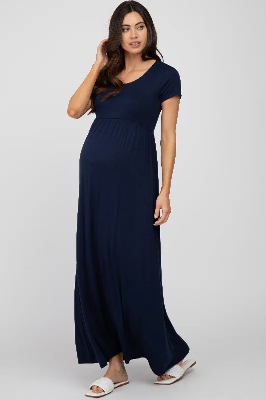 Navy Blue Basic Maternity Maxi Dress Trendy Ruffled Maxi Dress