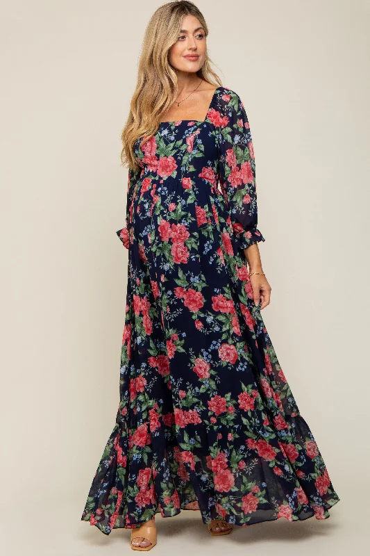 Navy Blue Floral Chiffon Square Neck 3/4 Ruffle Sleeve Maternity Maxi Dress Trendy Button Front Maxi Dress