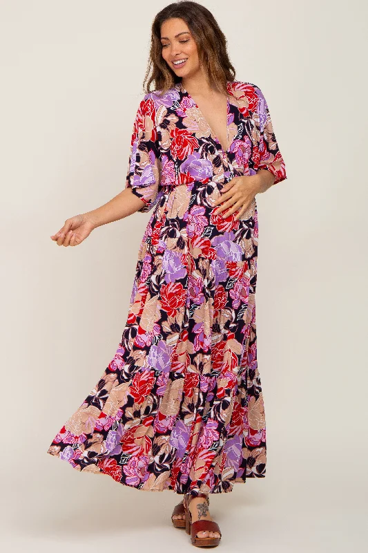 Navy Blue Floral Deep V-Neck Tiered Maternity Maxi Dress Trendy Floral Print Maxi Dress