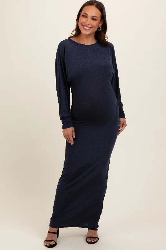 Navy Blue Long Sleeve Open Back Maternity Maxi Dress Elegant Maxi Dress with Ruffles